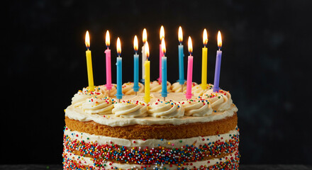 A delicious layered cake with colorful sprinkles and lit candles against a dark background
