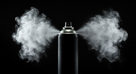 Close up of a black spray can with white vapor clouds on a dark background studio shot