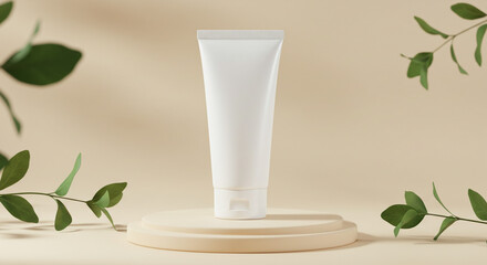 White cosmetic tube on a round pedestal with green leaves against a beige background in soft lighting