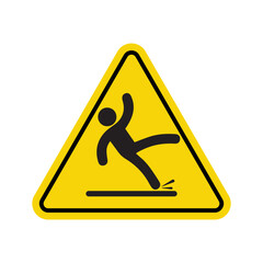 bright yellow triangular slip hazard sign with black slipping figure icon on white background for safety alert