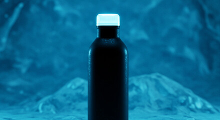 A sleek black bottle with a glowing white cap against a blurry blue background with ice formations
