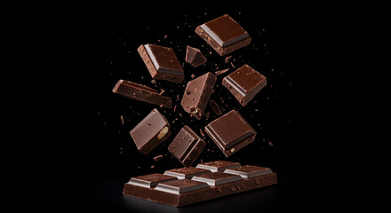 A dark chocolate bar with broken pieces floating on a black background in a studio setting