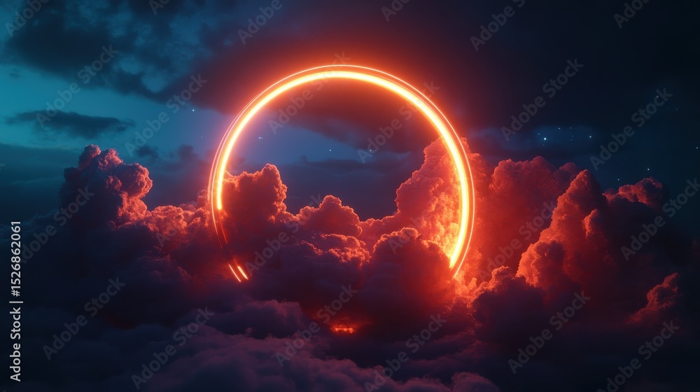 Poster the image is a 3d render of an abstract cloud with a neon light ring on a dark night sky, containing