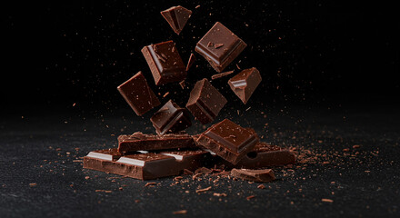 A close up shot of falling chocolate pieces against a dark background with chocolate shavings