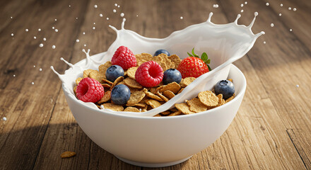A bowl of cereal with berries and milk splashing on a wooden surface in a bright and clean setting