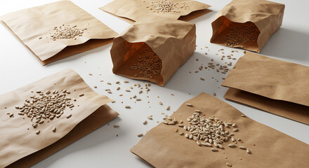 Sunflower seeds in brown paper bags scattered on a white surface in an overhead shot view style