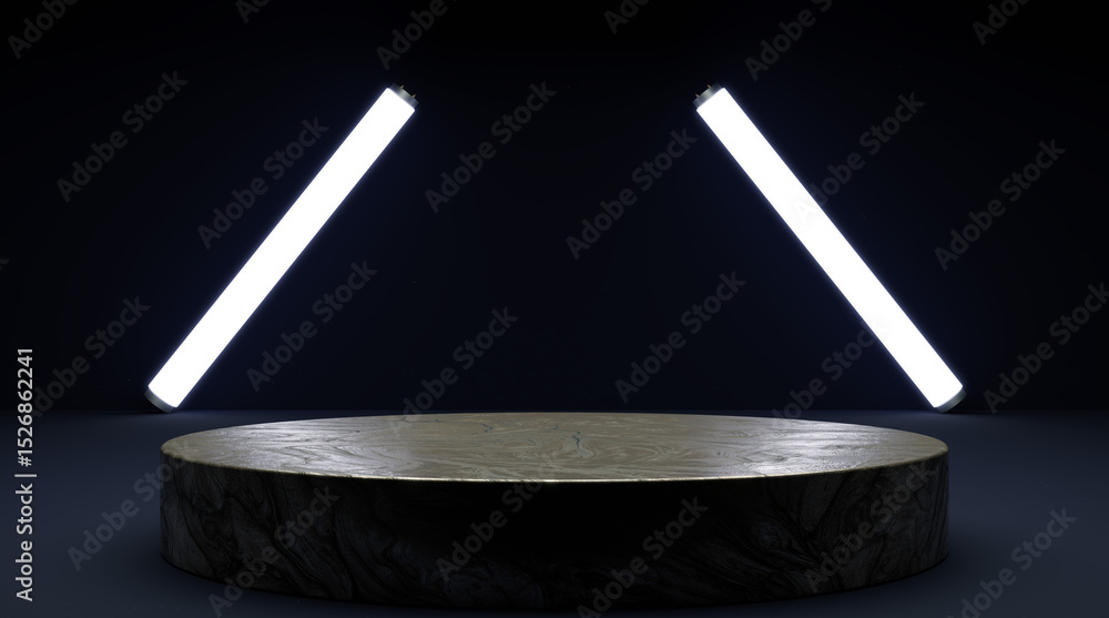 Poster 3d rendering. illuminated product display pedestal with two angled white neon light tubes against a 
