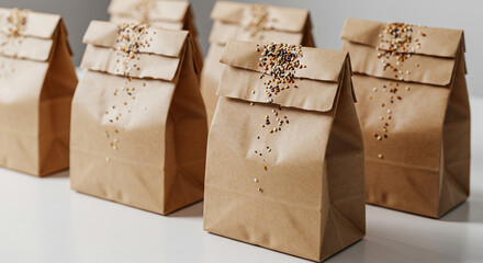 Group of brown paper bags with seeds scattered on top sitting on a white surface in a studio setting