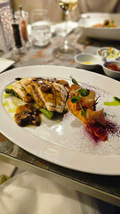 Grilled sea bream fillet with marsala served with chestnut and cream