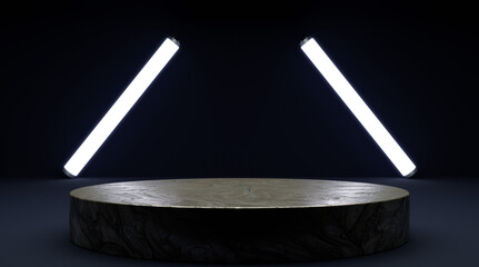 3D Rendering. Illuminated Product Display Pedestal with Two Angled White Neon Light Tubes Against a Dark Background.