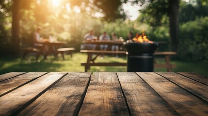 Empty wooden table and blurred view of people having BBQ barbecue with modern grill outdoors