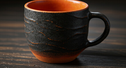 A textured black and orange ceramic mug sits on a dark wooden surface in a close up shot