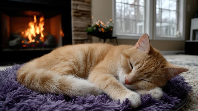 A sleepy orange cat relaxes in its purple bed next to the fireplace, enjoying a cozy atmosphere with soft, natural light - Powered by Adobe