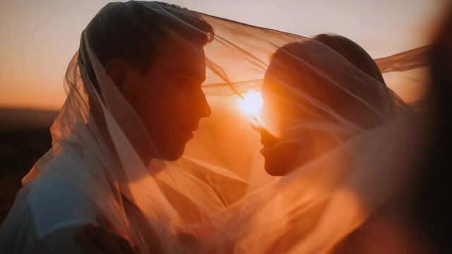 A loving couple embraces in a sunset, veiled by a sheer fabric, creating a romantic and intimate moment.