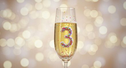 A champagne glass with a number three inside filled with colorful sprinkles on a bokeh background