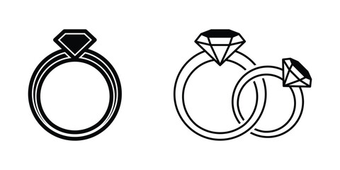 Wedding rings icons. Wedding ring with diamond. Engagement rings, sparkly jewelry, logo