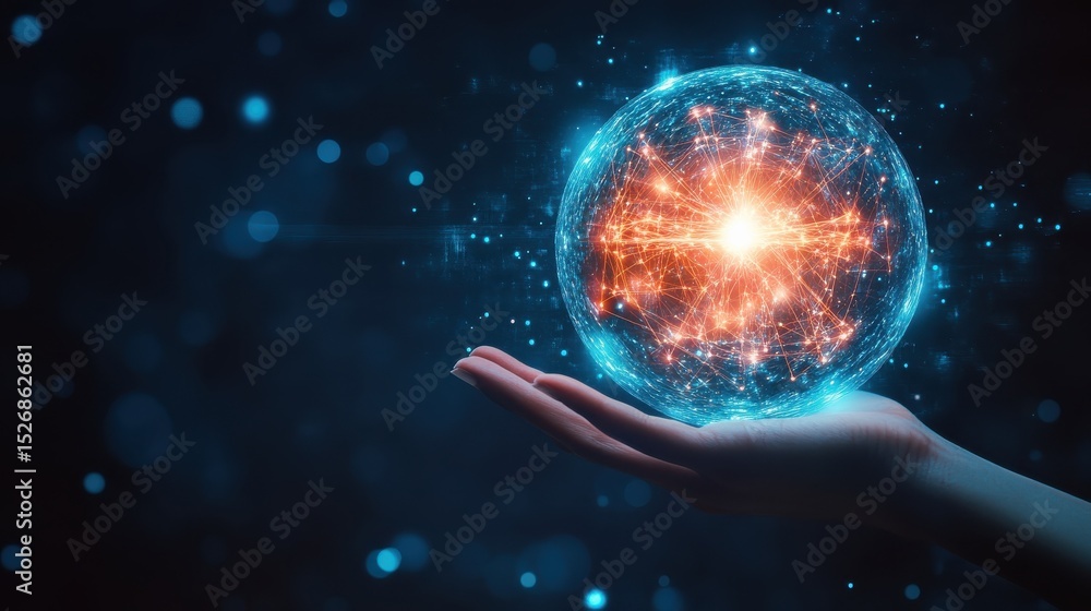 Poster hand holding a glowing ai sphere symbolizing the power and potential of artificial intelligence.