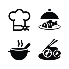 vector icons cooking food chef hat include a pizza slice, a sushi roll, spaghetti and meatballs, a curry bowl burger , fish 
