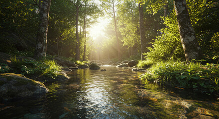 Serene Forest Stream at Sunrise