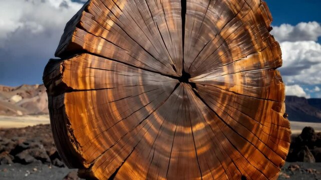 Fossilized wood log section reveals tree rings, grain patterns, with desert landscape and cloudscape under blue sky in geological park