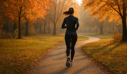 Young woman jogging through autumn park in early morning, surrounded by colorful fall trees and golden sunlight. Peaceful outdoor exercise scene. Healthy lifestyle moment.