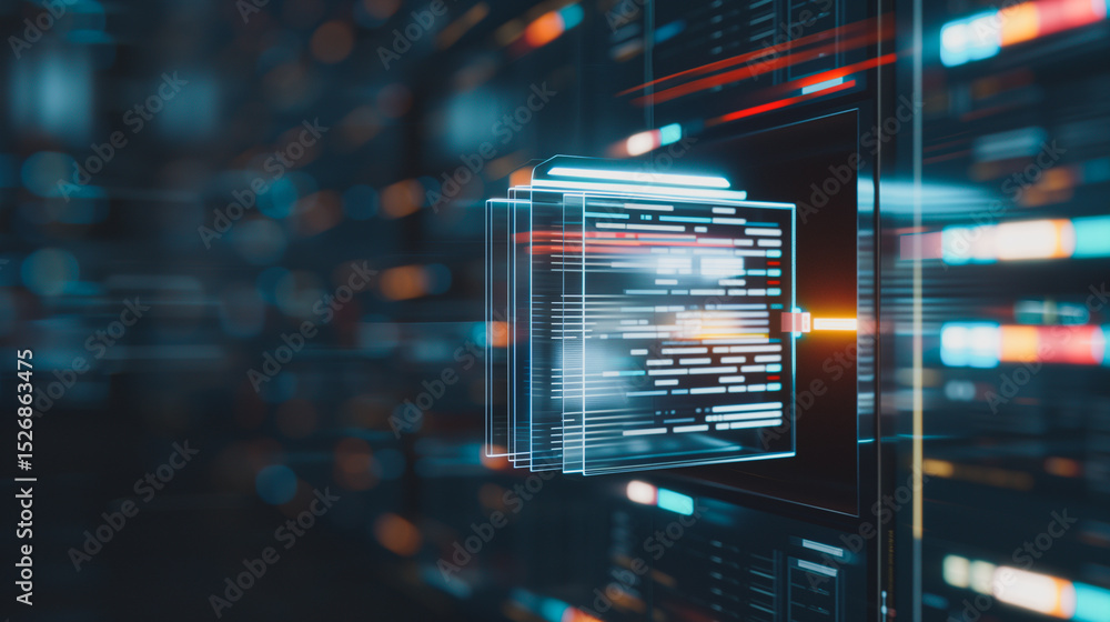 Poster data server center: futuristic transparent data blocks float in a modern server room, showcasing adv