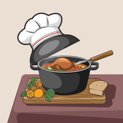 vector icons cooking food chef hat include a pizza slice, a sushi roll, spaghetti and meatballs, a curry bowl burger , fish 
