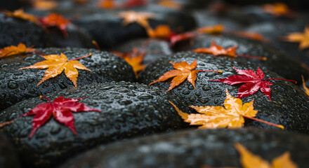 Autumn Leaves Resting on Rain-Kissed Stones