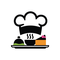 vector icons cooking food chef hat include a pizza slice, a sushi roll, spaghetti and meatballs, a curry bowl burger , fish 
