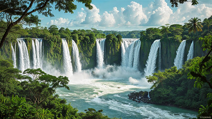Majestic Waterfalls in Lush Tropical Jungle