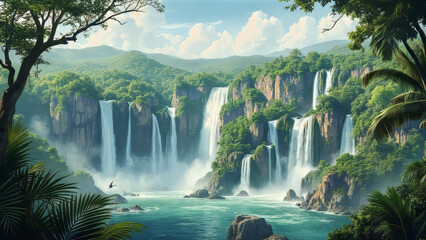 Majestic Waterfalls in Lush Tropical Jungle