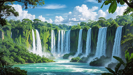 Majestic Waterfalls in Lush Tropical Jungle