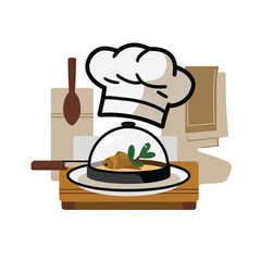 vector icons cooking food chef hat include a pizza slice, a sushi roll, spaghetti and meatballs, a curry bowl burger , fish 
