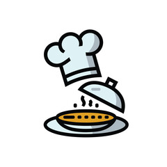 vector icons cooking food chef hat include a pizza slice, a sushi roll, spaghetti and meatballs, a curry bowl burger , fish 
