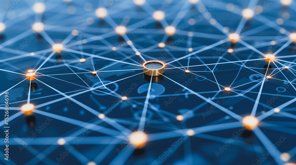 Poster interconnected networks: the image features a network of interconnected nodes, glowing in a soft lig