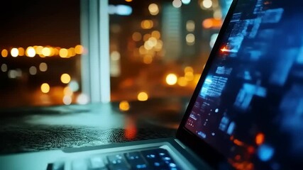 Illuminated laptop showcasing intricate digital interface with cityscape backdrop - Powered by Adobe