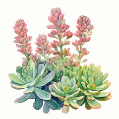 Fototapeta premium Pink and Green Succulents Watercolor Painting