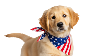  golden retriever puppy dog with american flag bandana cute pet animal canine friend adorable usa theme isolated on Transparent background