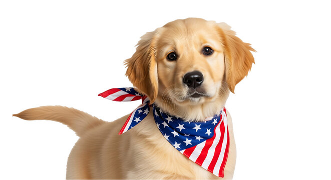  golden retriever puppy dog with american flag bandana cute pet animal canine friend adorable usa theme isolated on Transparent background - Powered by Adobe