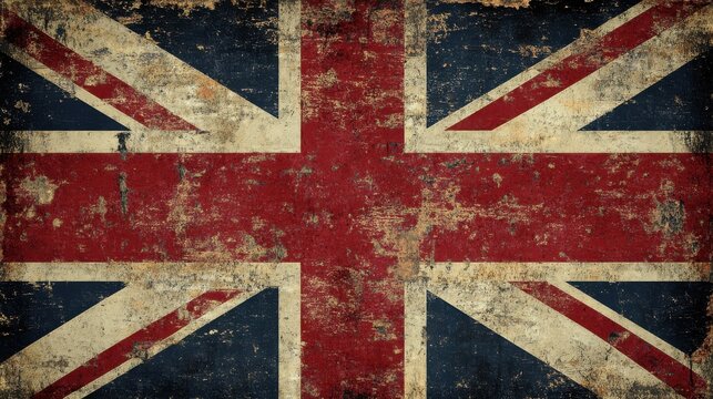 A distressed British Union Jack flag with a grunge textured background, featuring faded colors and a worn-out look, representing the enduring legacy of the United Kingdom