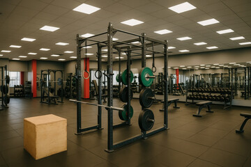 Fototapeta premium Empty modern fitness gym interior with weightlifting equipment barbells benches mirrors and box under bright lighting
