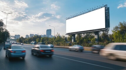 Digital billboard banner mockup above a highway with fast-moving cars, vibrant and eye-catching