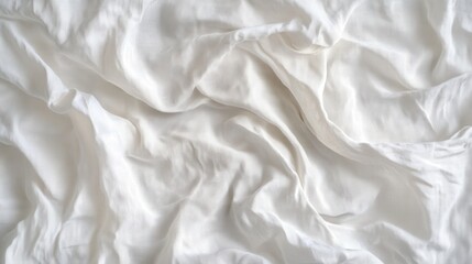 White crumpled linen fabric texture background. Cotton canvas material with soft folds, delicate fiber pattern. Natural handmade eco textile for clothing design, home decor, crafts. Blank wallpaper