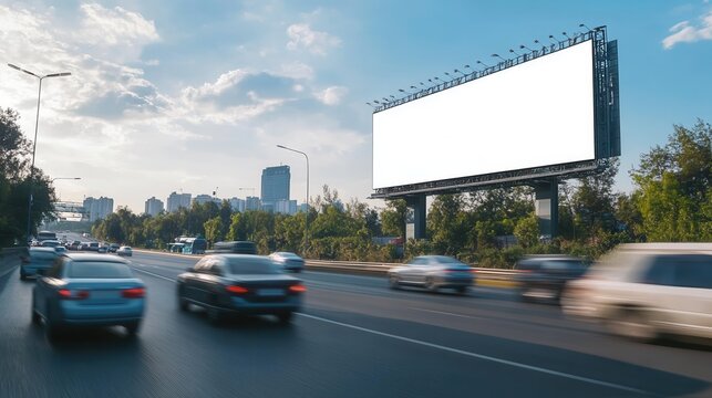Digital billboard banner mockup above a highway with fast-moving cars, vibrant and eye-catching