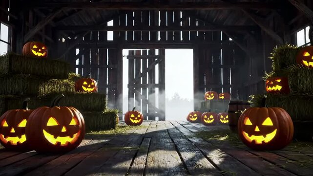 Spooky Halloween jack-o&rsquo;-lanterns glowing inside an old wooden barn at night with an owl on hay bales, holiday footage.