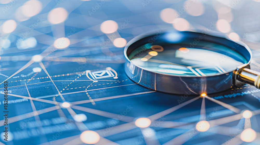 Poster magnifying the digital world: a close-up view of a magnifying glass examining a complex network of i