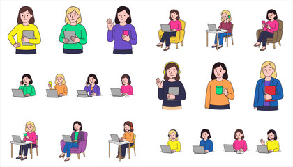 Hand-drawn vector set of female office professionals using laptops, tablets, and smartphones. Diverse businesswomen in different work poses and outfits. Flat line art style on white background