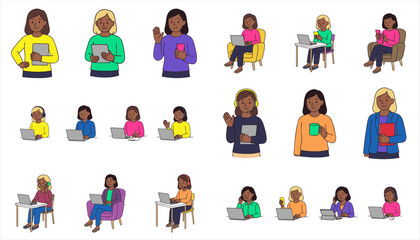 Hand-drawn set of diverse female office workers using laptops, tablets, phones, and headsets in various remote work situations. Clean flat vector illustration isolated on white background