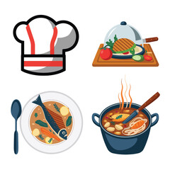 vector icons cooking food chef hat include a pizza slice, a sushi roll, spaghetti and meatballs, a curry bowl burger , fish 
