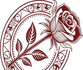 Vintage Red Rose Badge – Ornate Floral Emblem in Retro Style